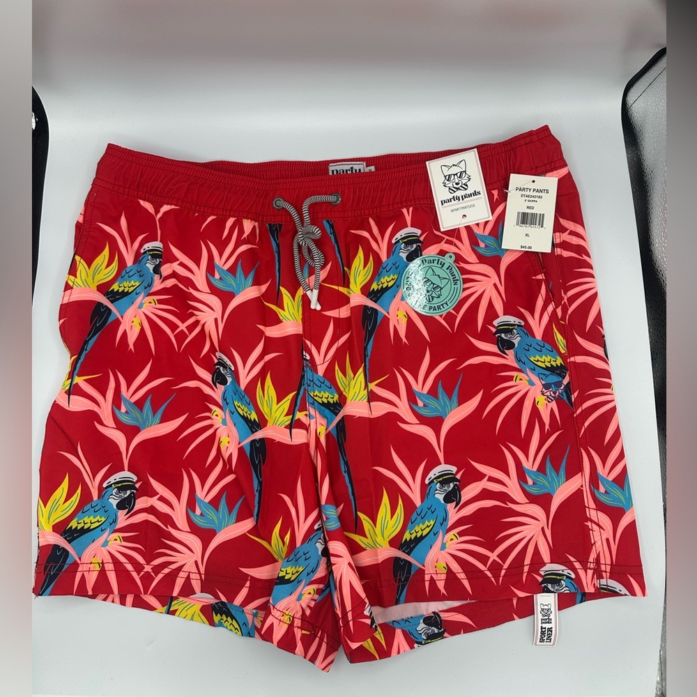 Party Pants Mens Skippa Swim Trunks Mesh Inner Parrot Captain - Red XL NWT